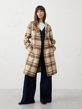 Banana Republic Plaid Wool Blend Belted Trench Coat in Beige and Brown XXL NWT
